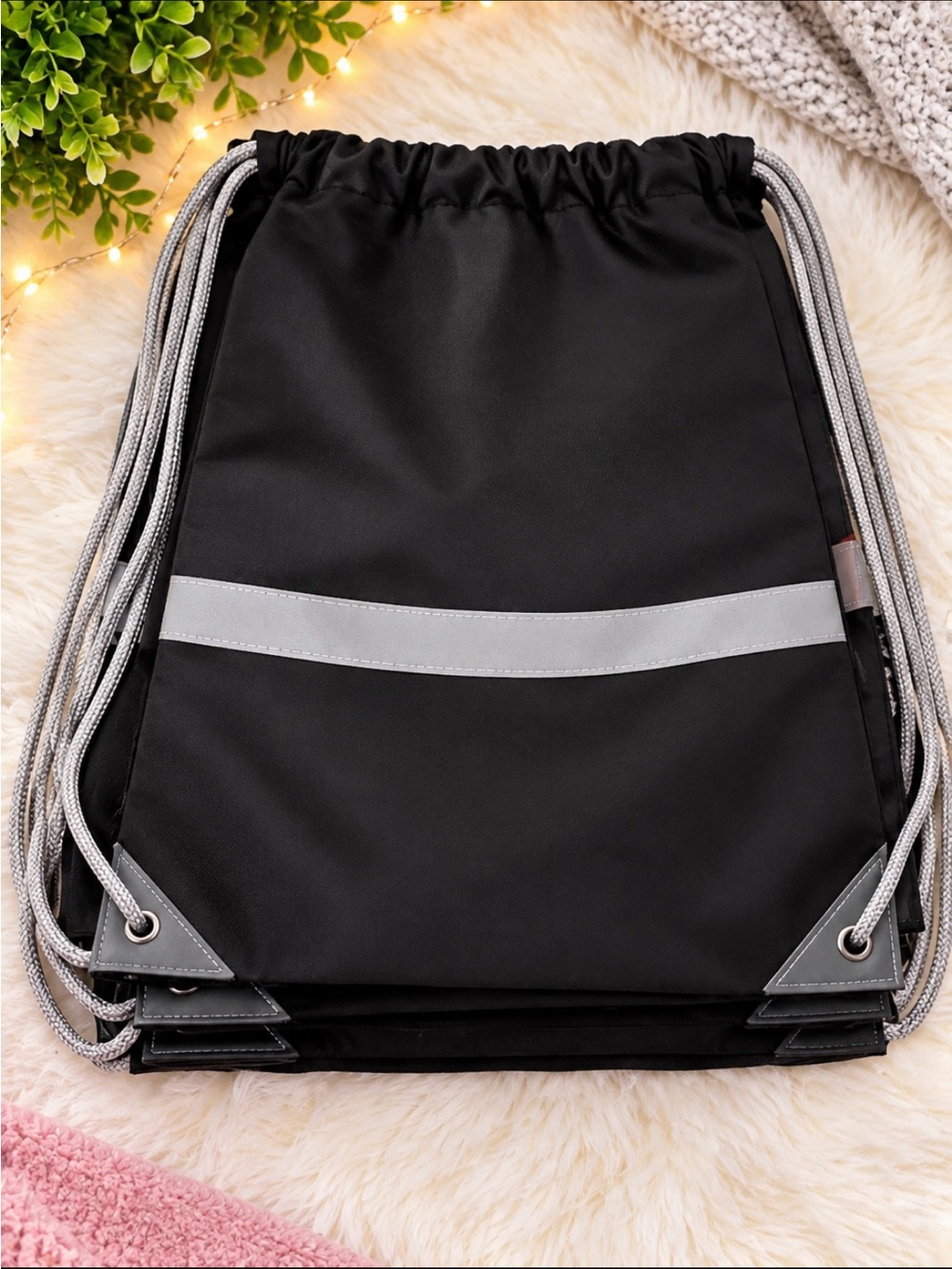 Black Drawstring Backpack with Reflective Stripe